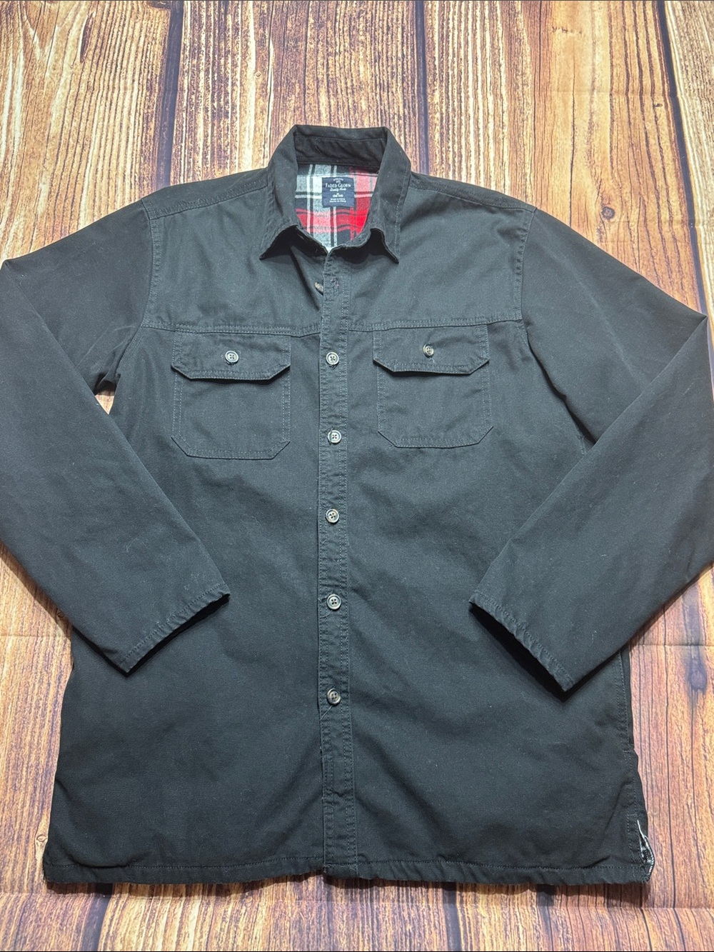 Faded Glory Men’s Black Button-Up Shirt Jacket with Red Plaid Lining